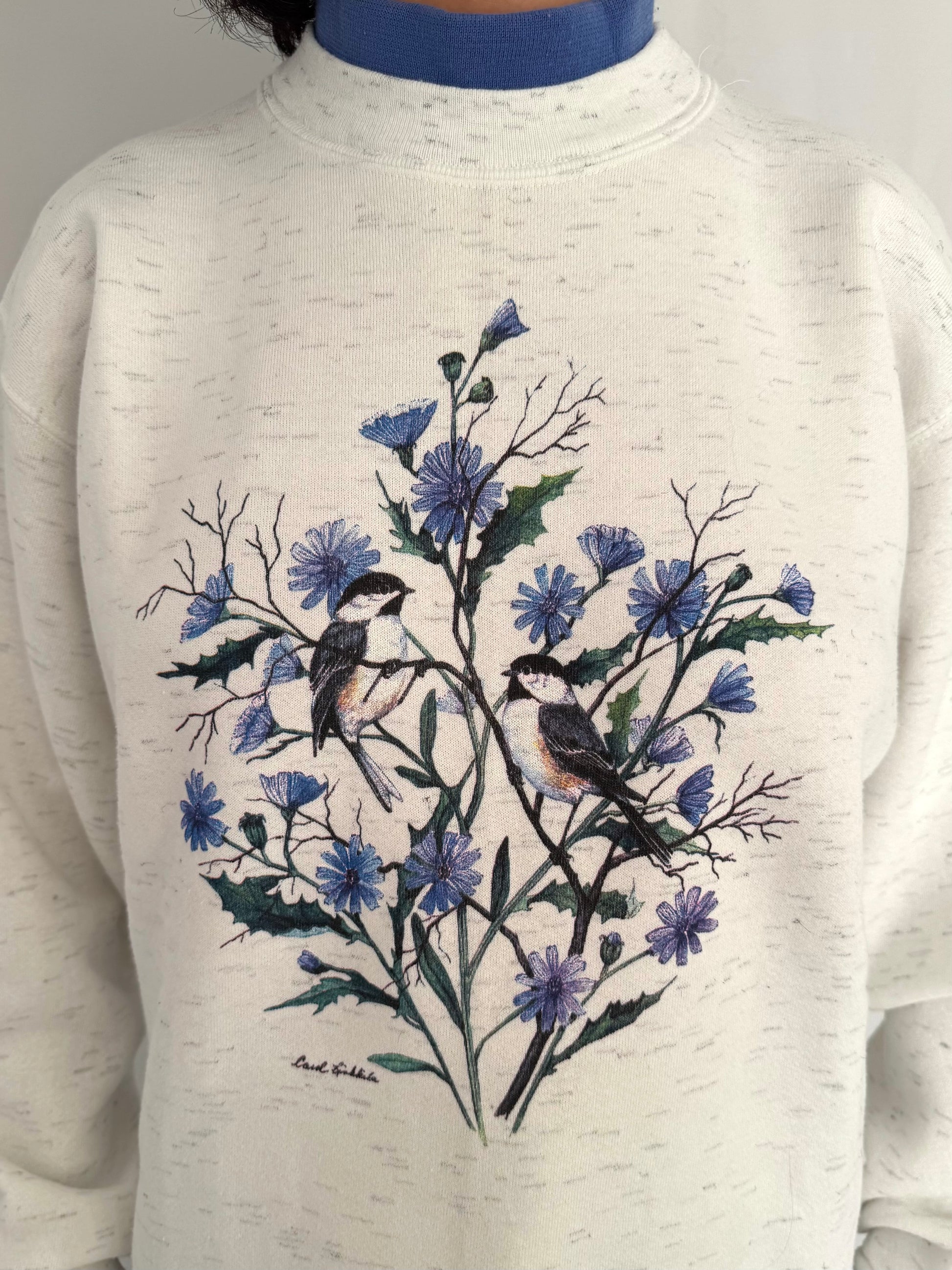 90s vintage birds flowers nature print graphic pullover sweatshirt