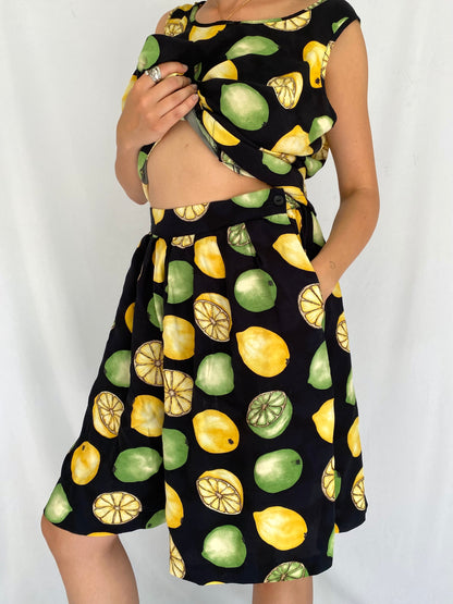 80s vintage lemon lime print tank top shorts matching set – medium, large | fruits two piece coord set