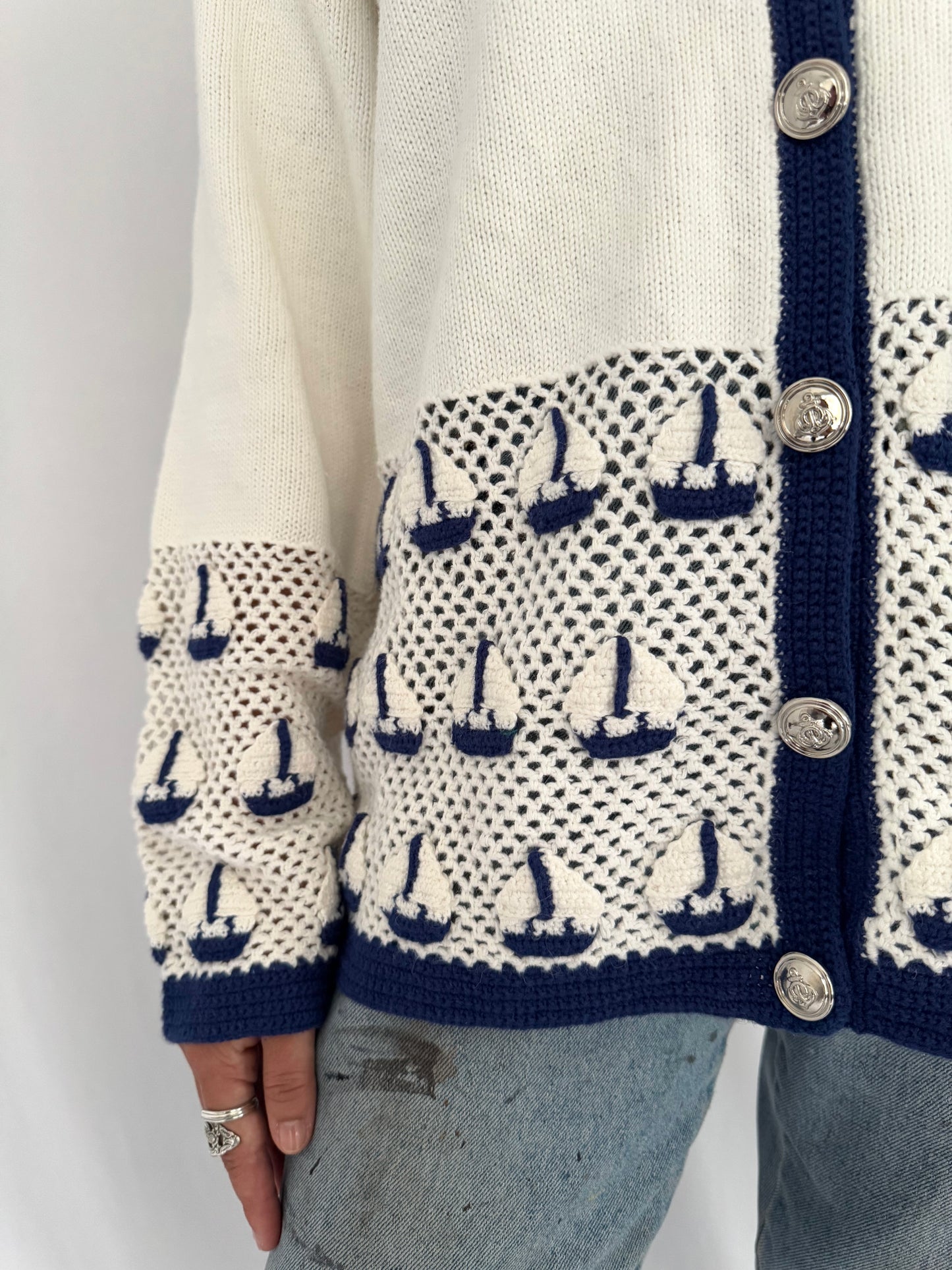 90s vintage cream navy novelty sailboat print embroidered knit cardigan