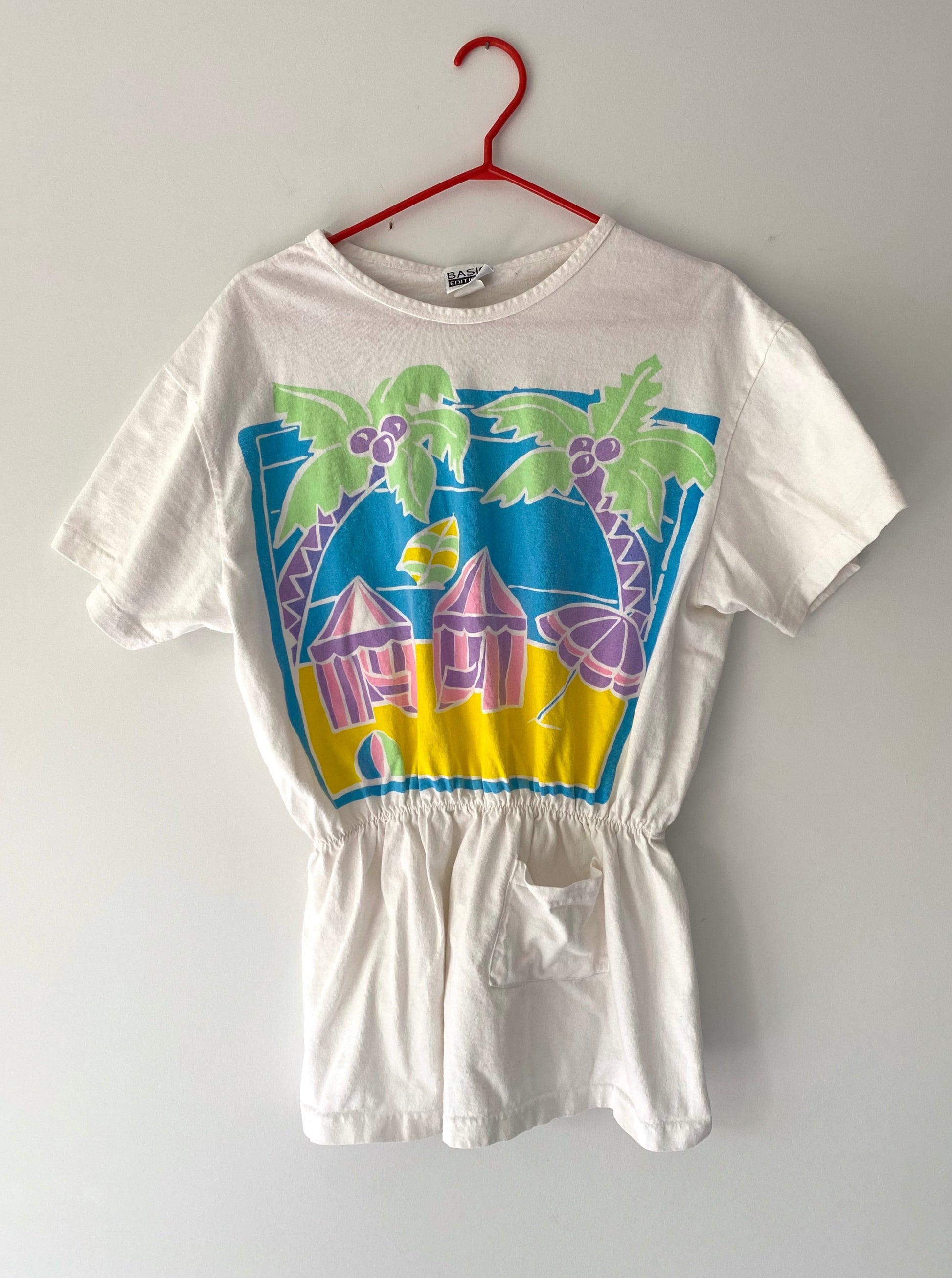 80s vintage white colorful tropical beach scene dress