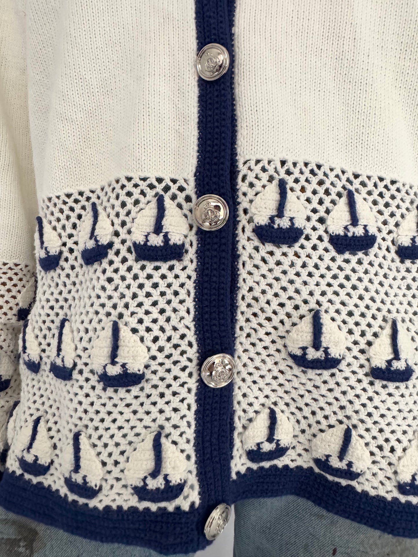 90s vintage cream navy novelty sailboat print embroidered knit cardigan