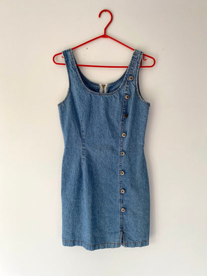 90s vintage light blue denim classic fitted sleeveless mini dress – small | switch usa bodycon retro jean buttons zip summer short minidress