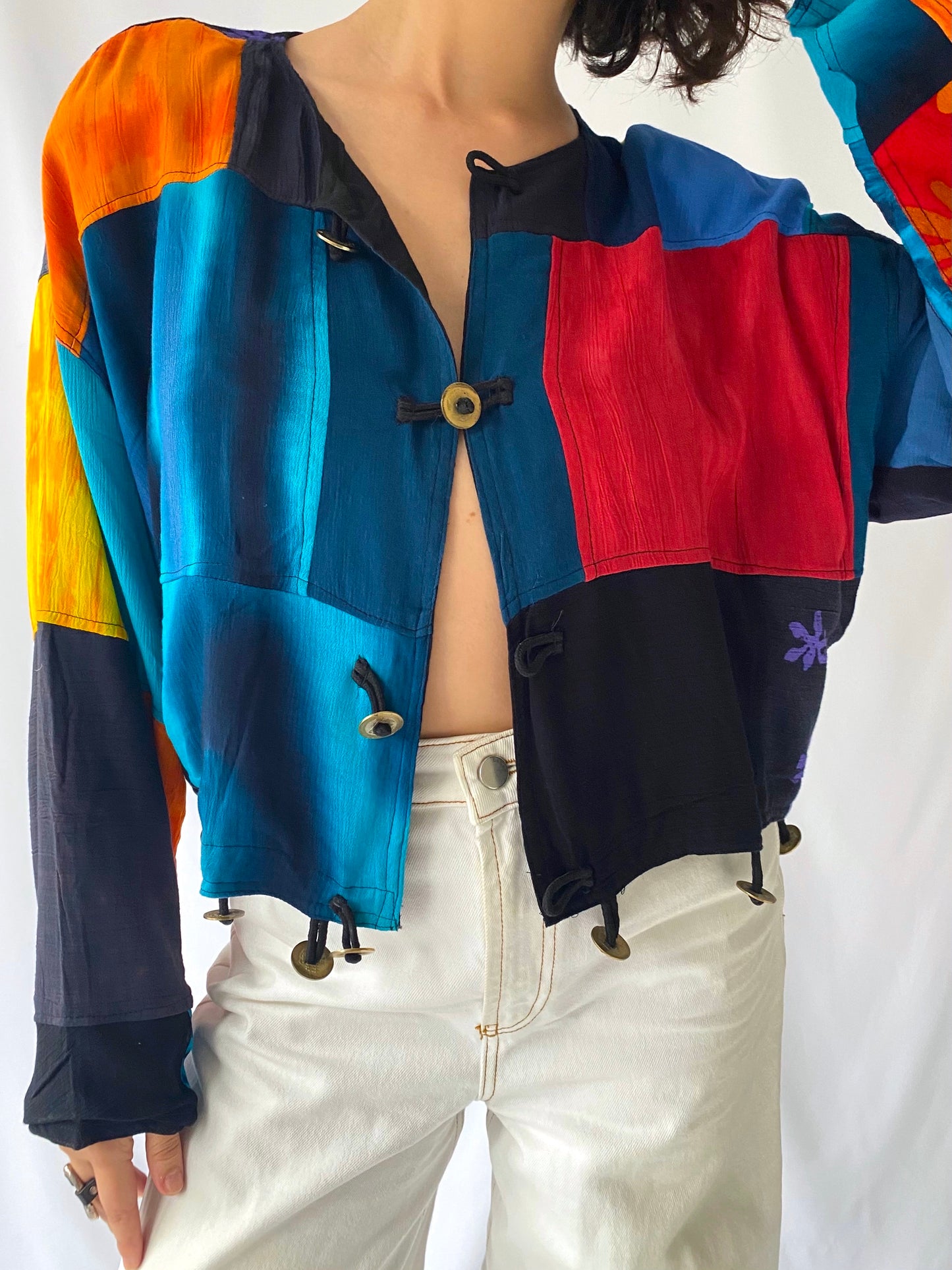 90s vintage colorful tie dye patchwork cropped jacket
