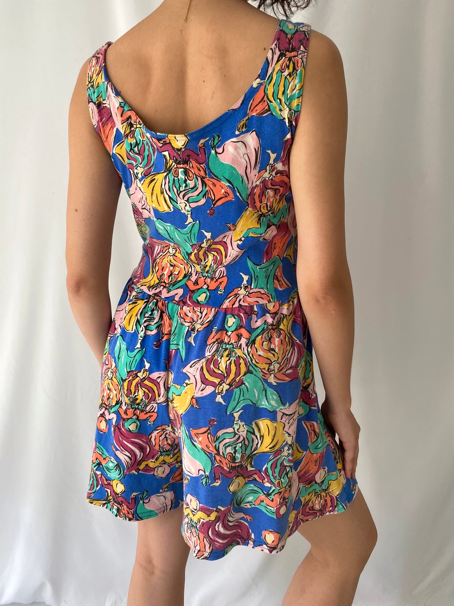 90s vintage multicolor abstract print sleeveless romper