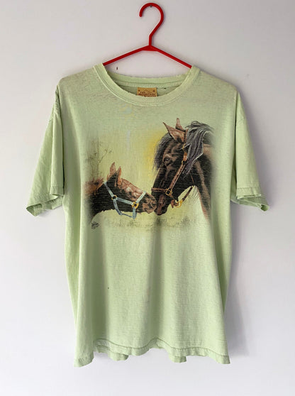 y2k vintage green faded horses graphic tee shirt – medium | nature animal soft pure cotton short sleeved tshirt