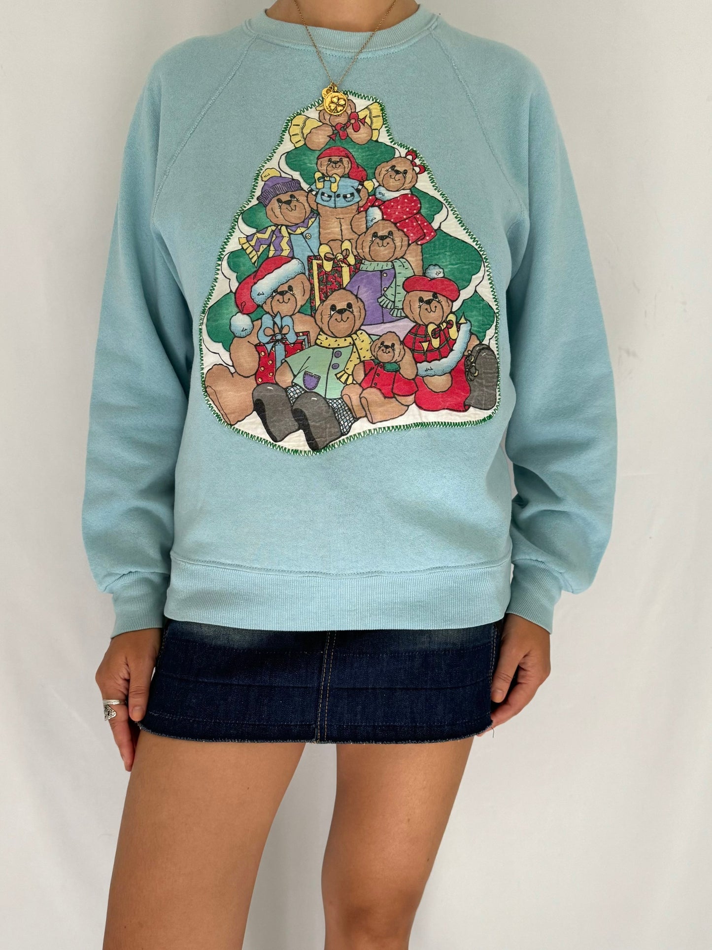 90s vintage blue colorful teddy bear christmas tree pullover sweater