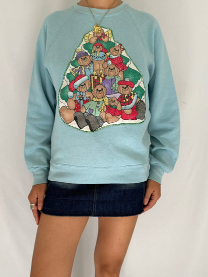 90s vintage blue colorful teddy bear christmas tree pullover sweater