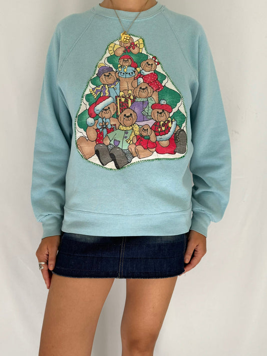 90s vintage blue colorful teddy bear christmas tree pullover sweater – small | festive winter holiday cute cartoon graphic raglan sweatshirt