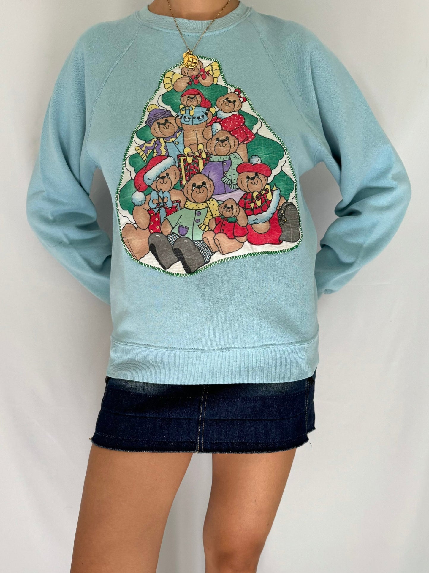 90s vintage blue colorful teddy bear christmas tree pullover sweater
