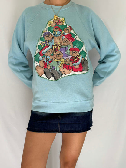 90s vintage blue colorful teddy bear christmas tree pullover sweater