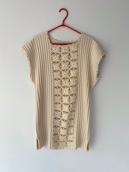 90s vintage cream open knit crochet midi dress – medium, large | natural see through sleeveless beach cover up