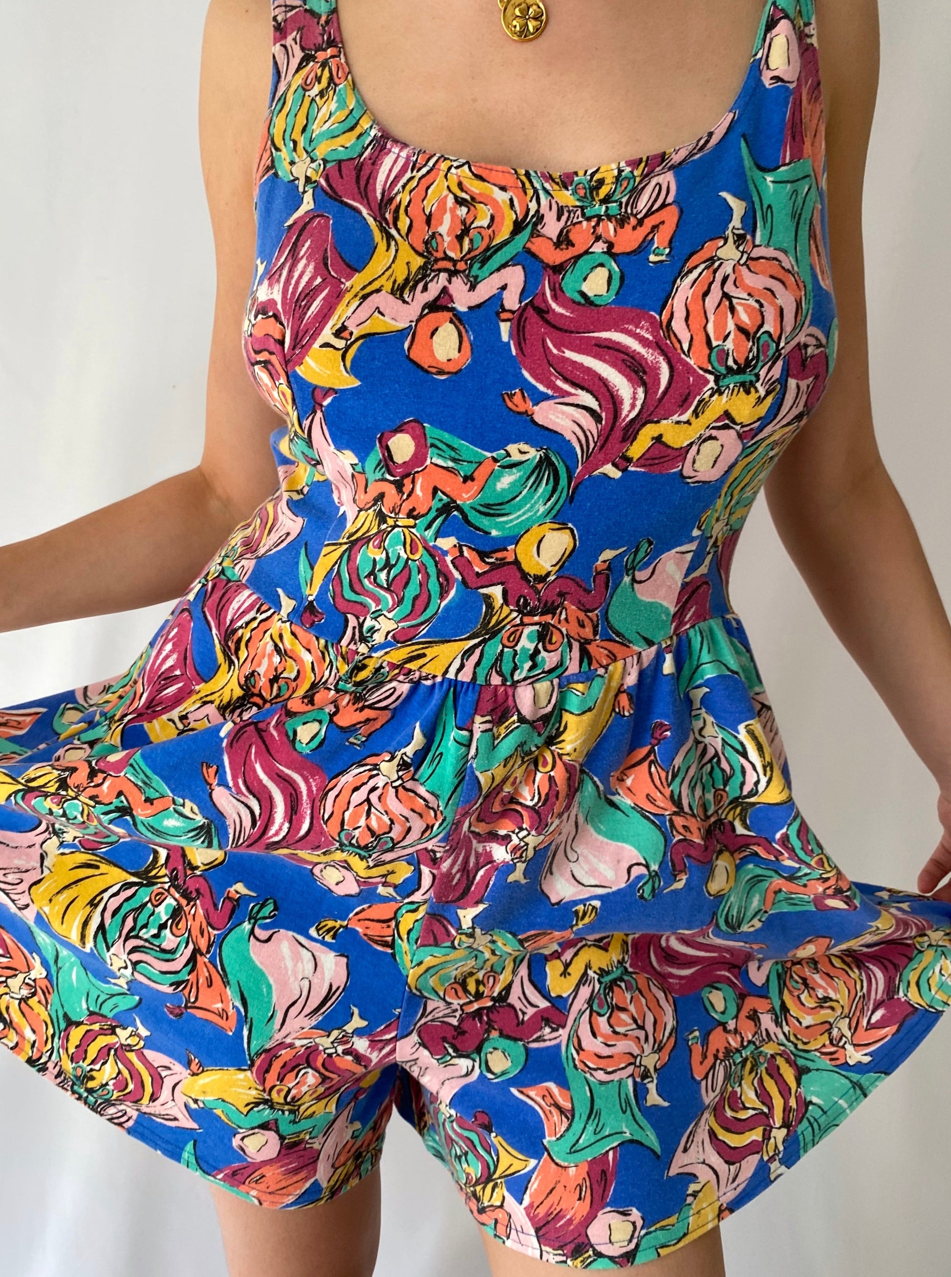 90s vintage multicolor abstract print sleeveless romper