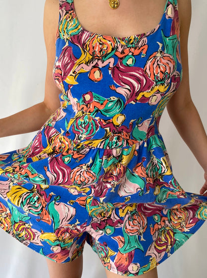 90s vintage multicolor abstract print sleeveless romper