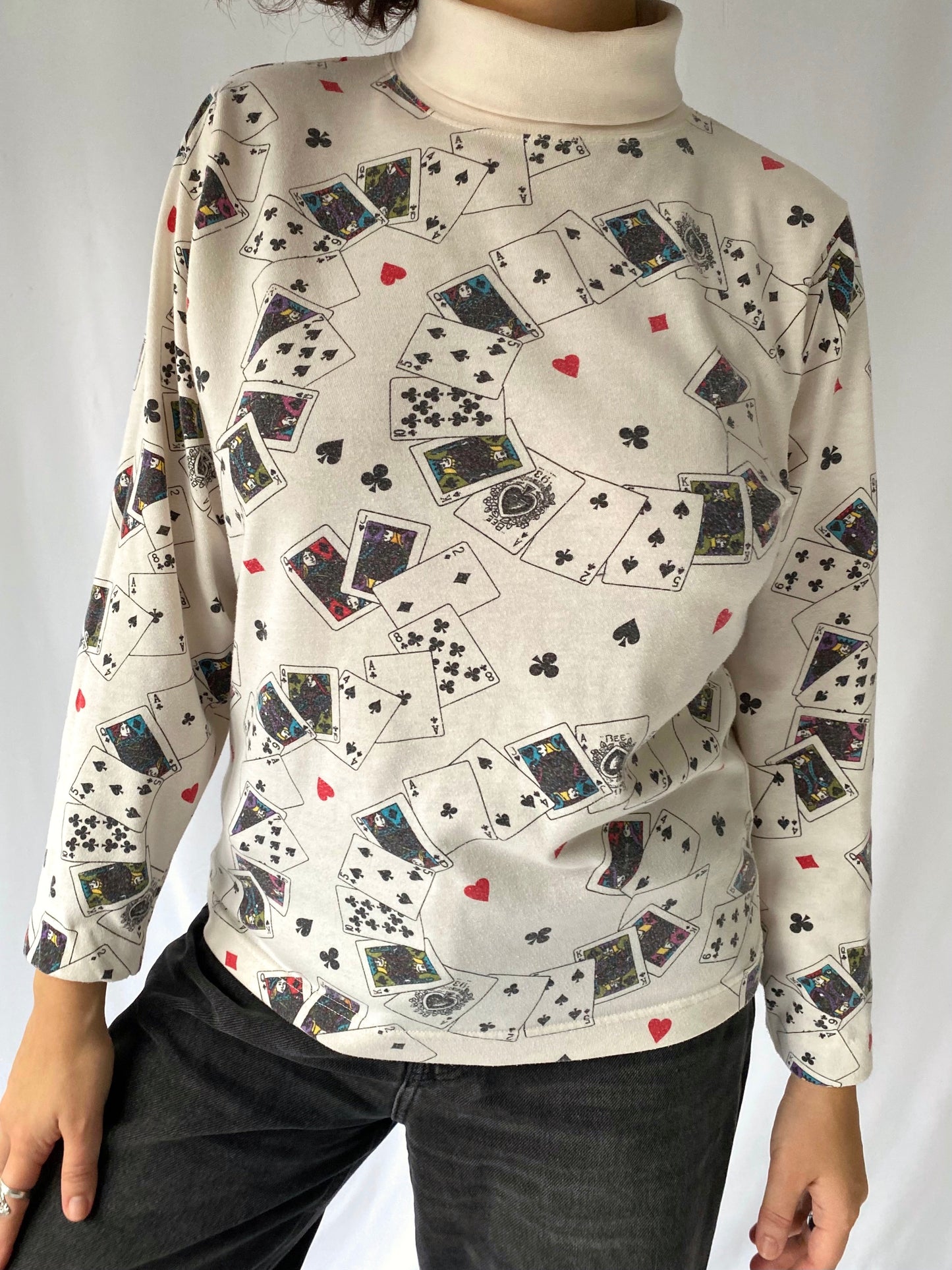 80s vintage playing cards turtleneck pullover sweater – small | novelty casino poker game night sweatshirt