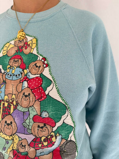 90s vintage blue colorful teddy bear christmas tree pullover sweater