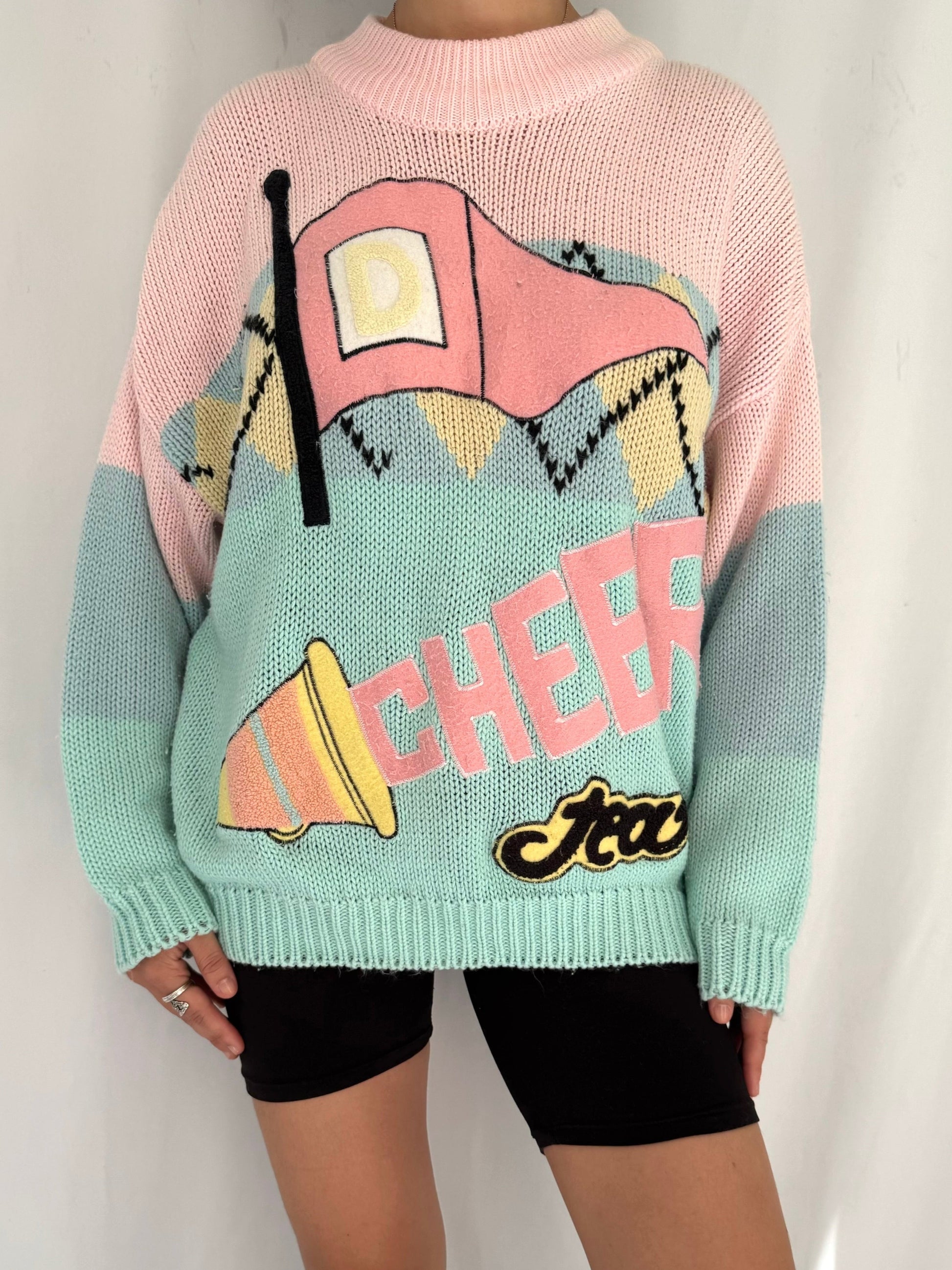 80s vintage pastel novelty cheerleader chunky knit sweater