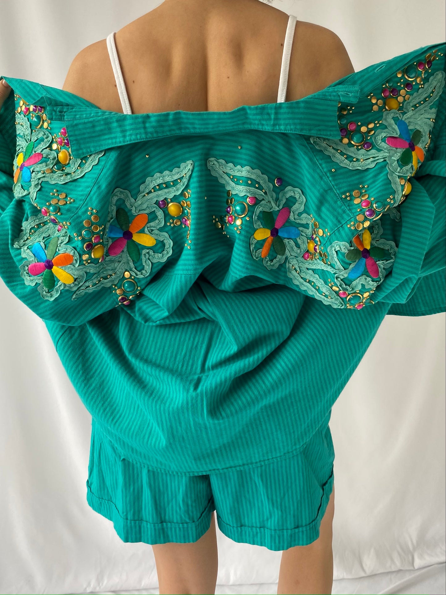 80s vintage turquoise blue embellished shirt shorts matching set 