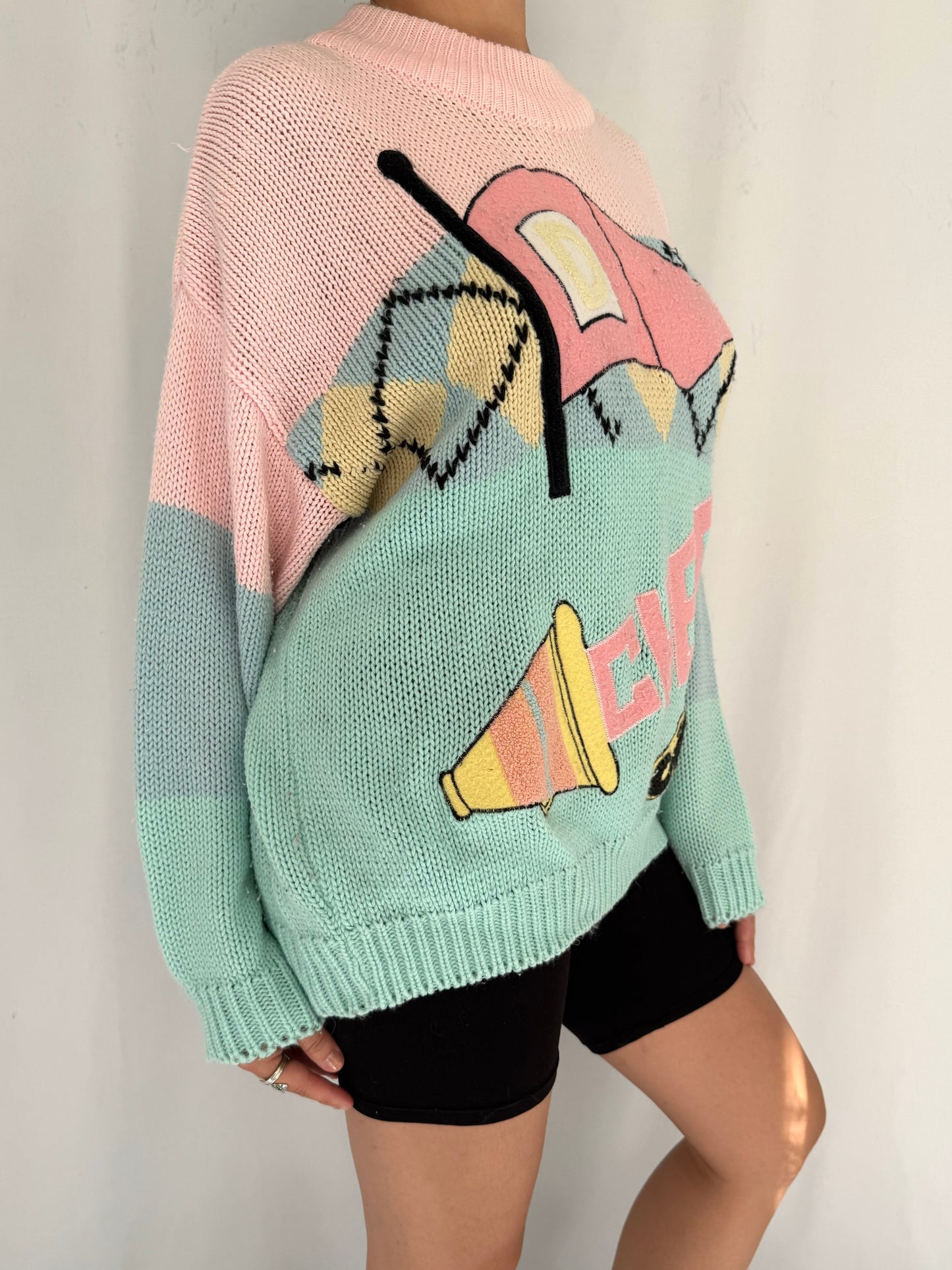 80s vintage pastel novelty cheerleader chunky knit sweater