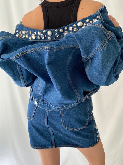 80s RARE vintage blue denim embellished jacket mini skirt belt set – small, medium | studded gems two piece matching set