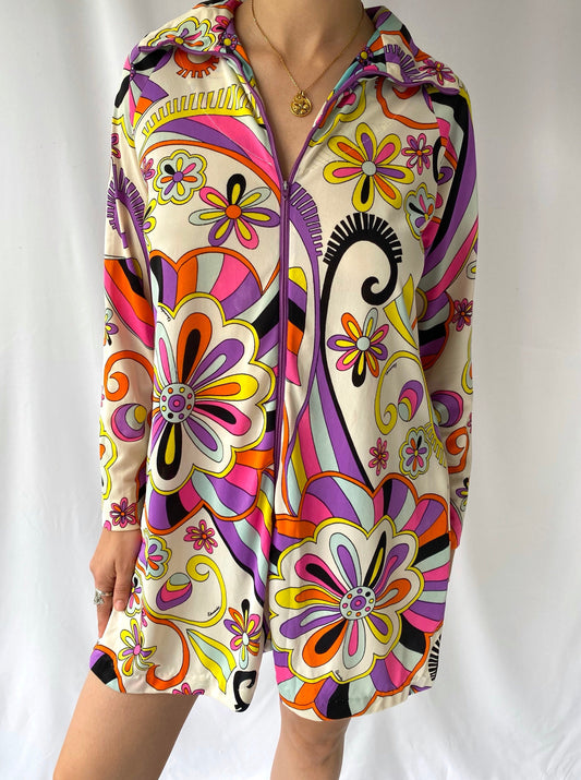 70s vintage colorful abstract groovy long sleeved minidress – small, medium | psychedelic flower power collared dress