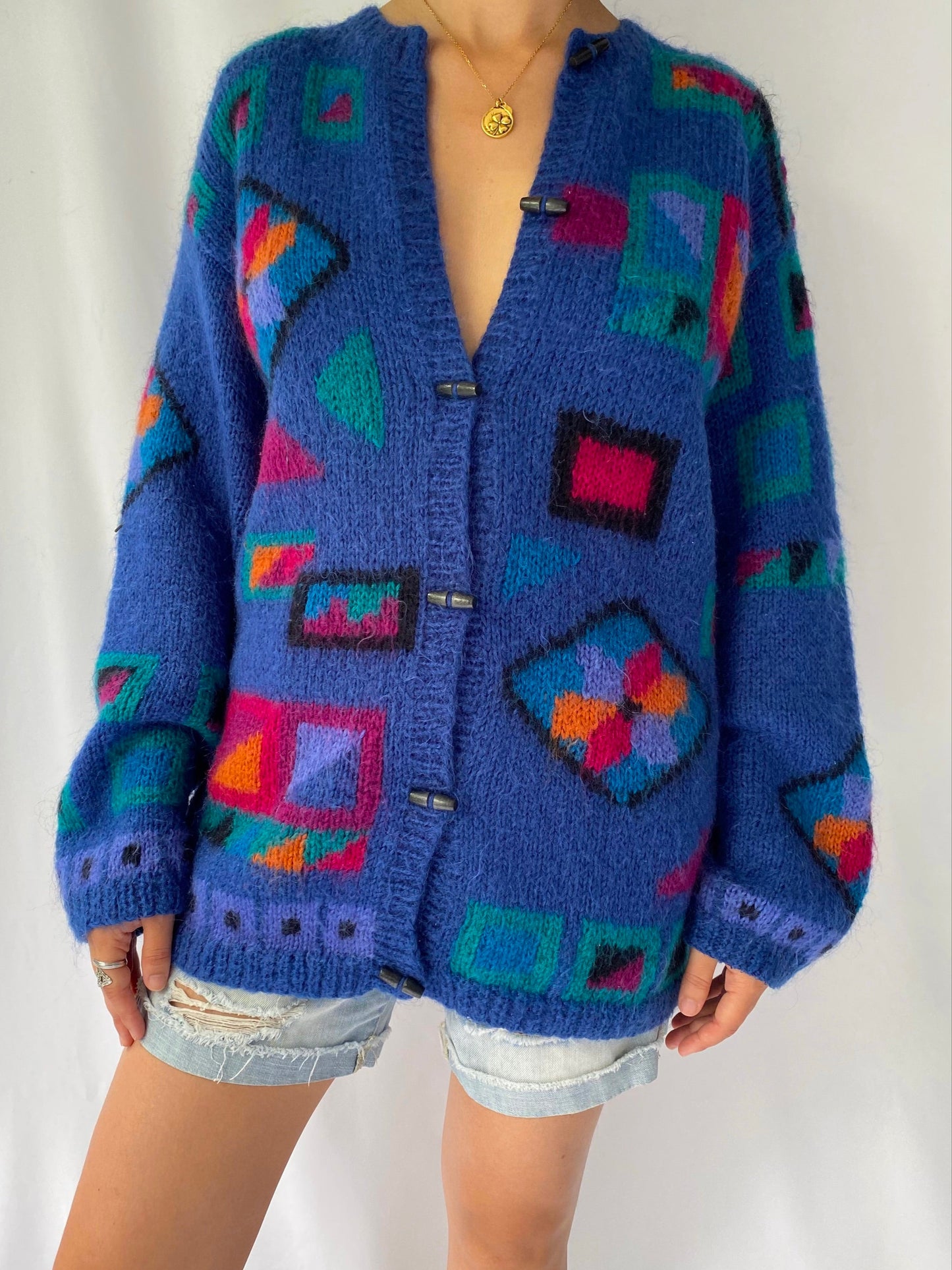 80s vintage blue multicolor abstract geometric mohair wool cardigan