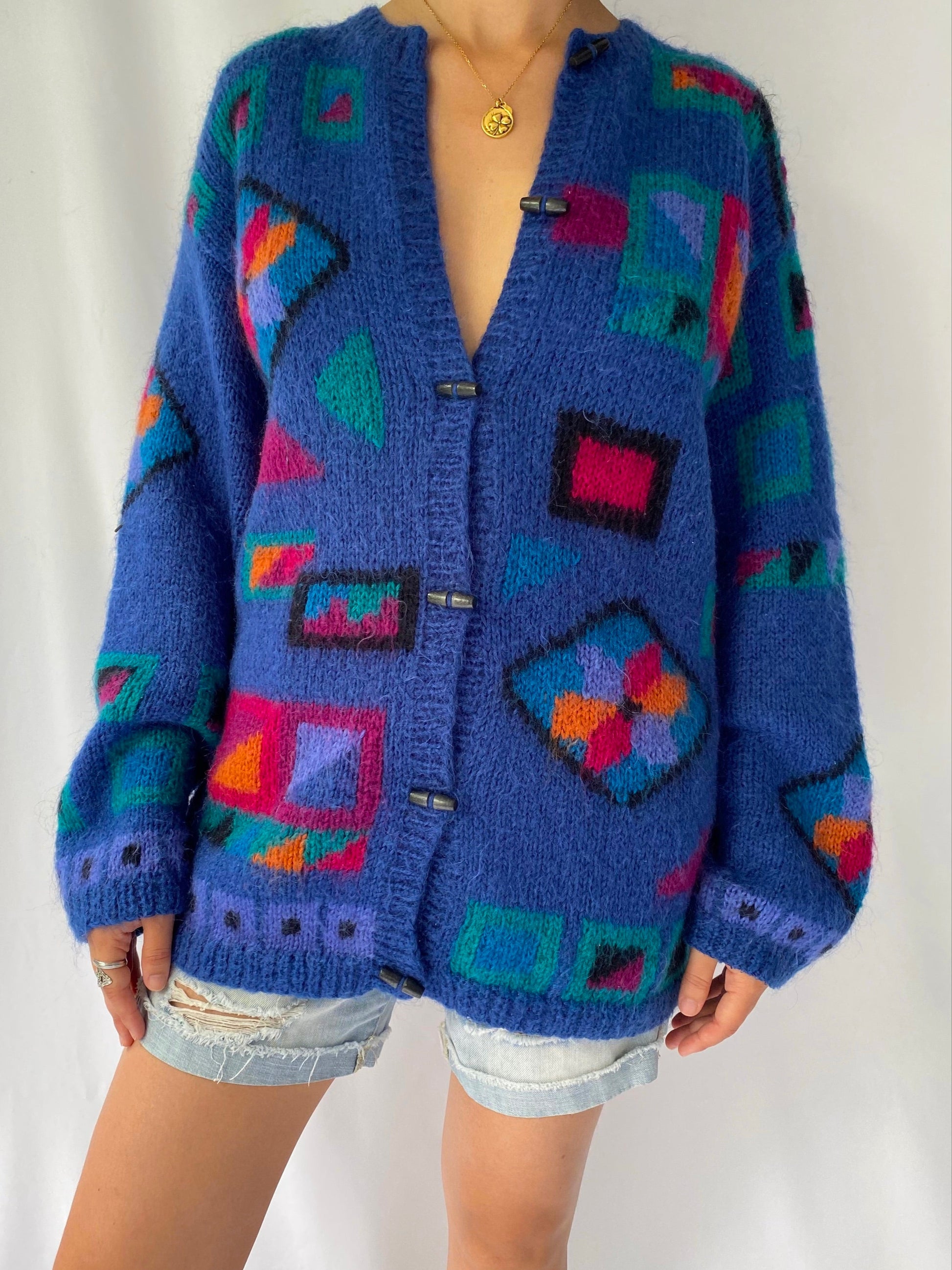 80s vintage blue multicolor abstract geometric mohair wool cardigan