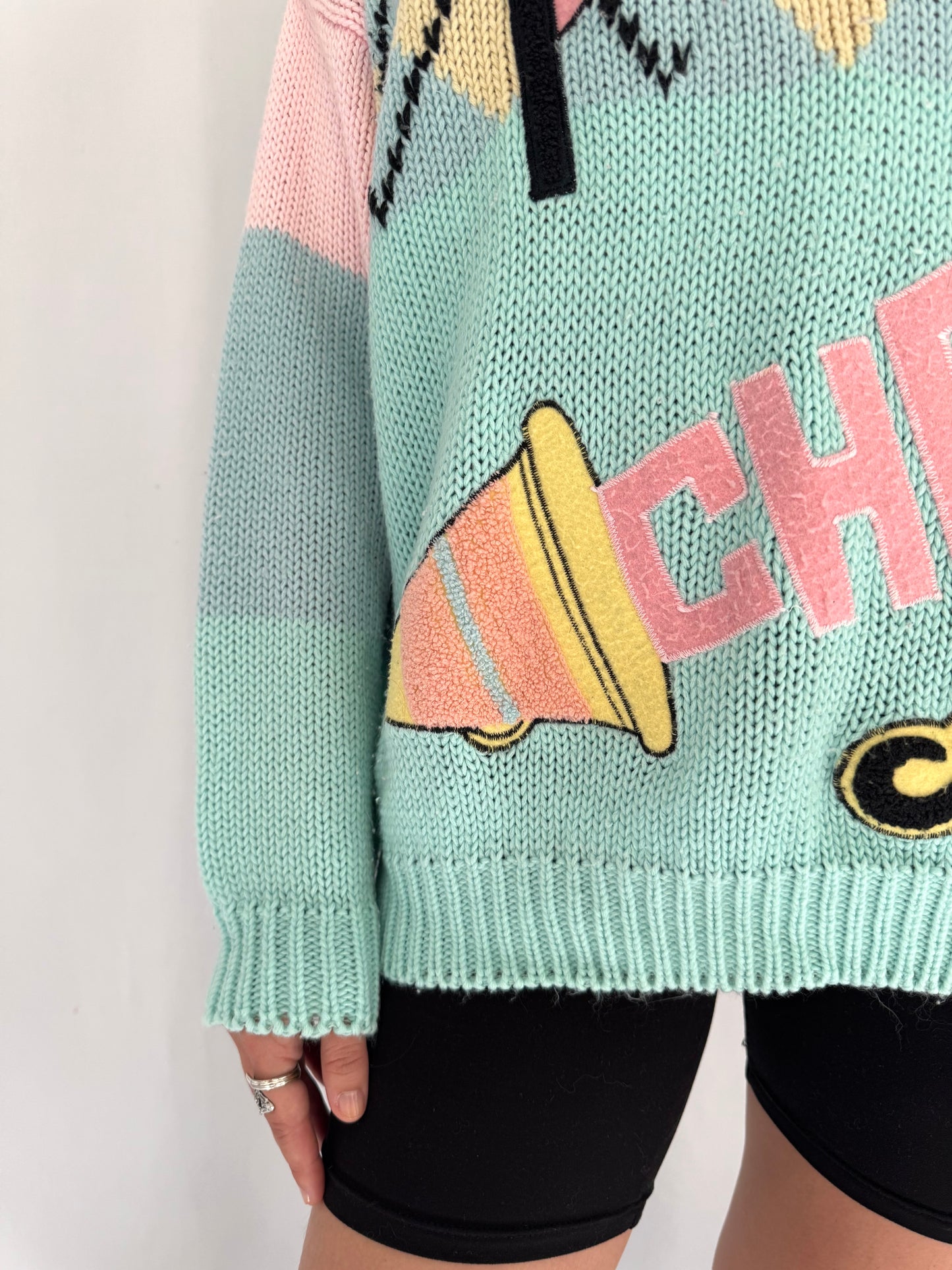 80s vintage pastel novelty cheerleader chunky knit sweater