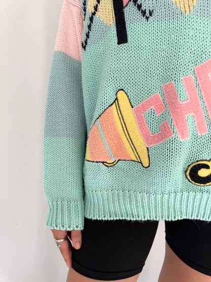 80s vintage pastel novelty cheerleader chunky knit sweater