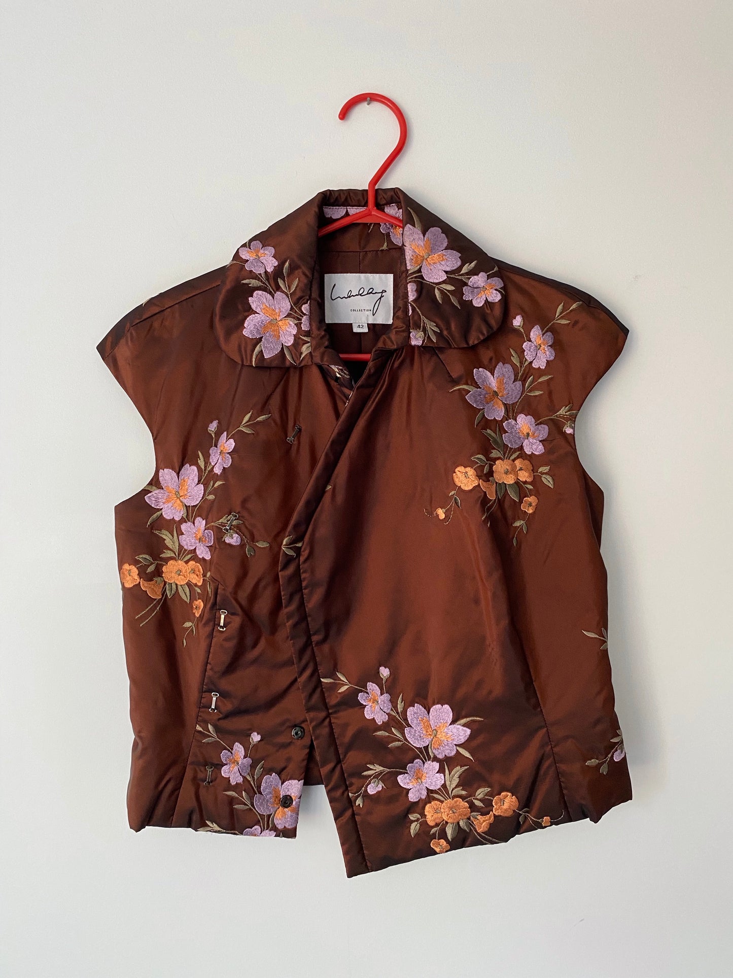 y2k vintage shiny brown floral embroidered puffy cropped vest - small | asian silk cotton satin collared waistcoat