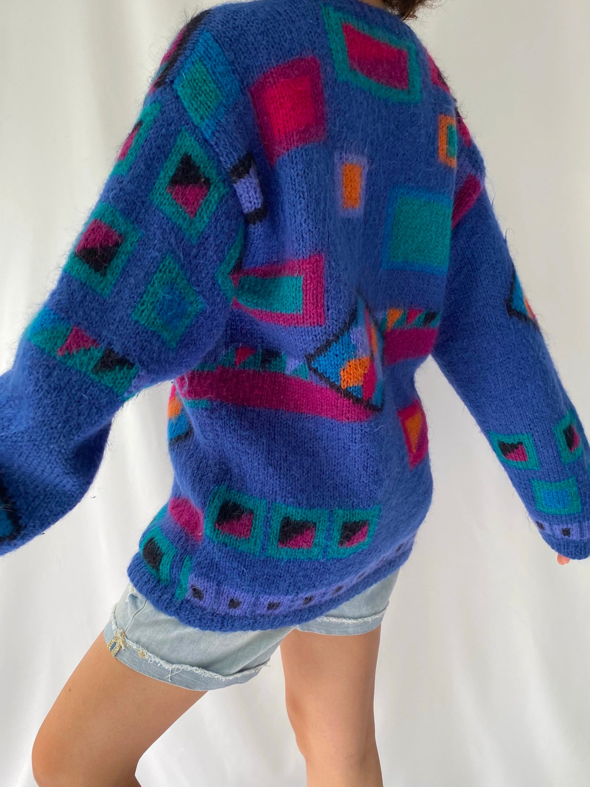 80s vintage blue multicolor abstract geometric mohair wool cardigan