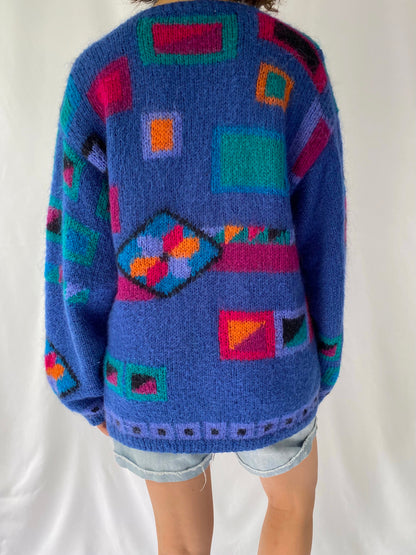 80s vintage blue multicolor abstract geometric mohair wool cardigan