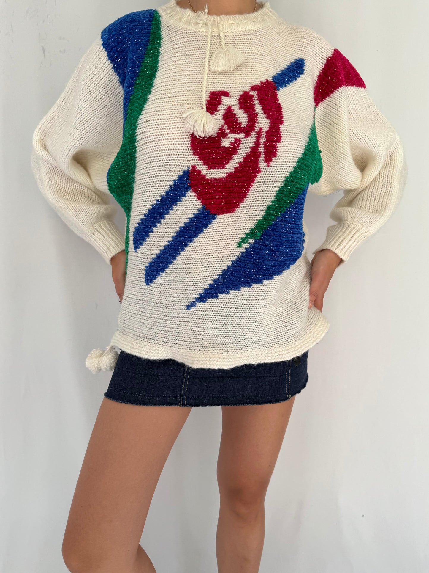 80s vintage floral rose abstract long sleeved knit sweater – medium | multicolor sparkly retro casual acrylic jumper