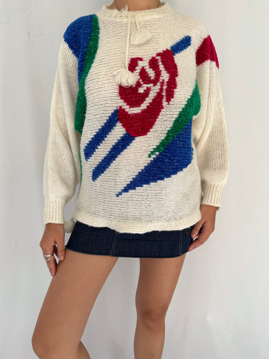 80s vintage floral rose abstract long sleeved knit sweater – medium | multicolor sparkly retro casual acrylic jumper