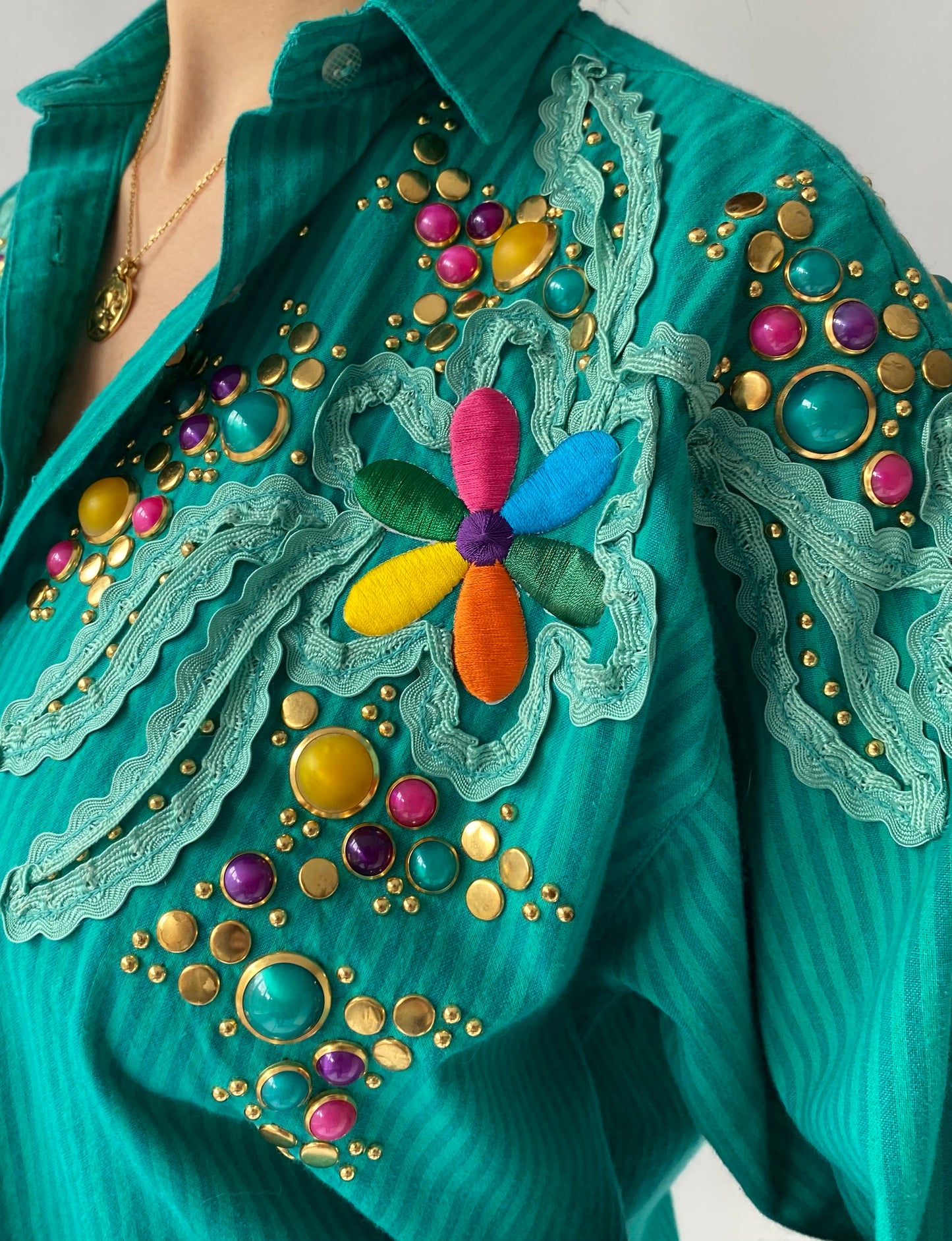 80s vintage turquoise blue embellished shirt shorts matching set 
