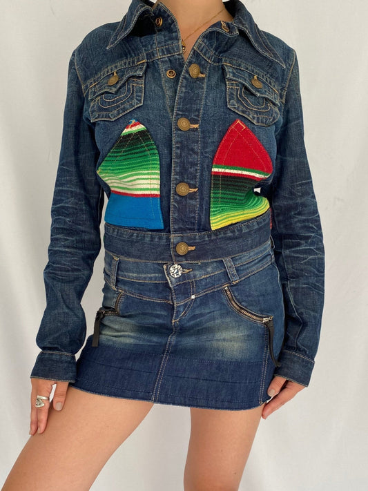 2000s vintage true religion serape blue denim jacket – small, medium |  jada baja collared jean jacket