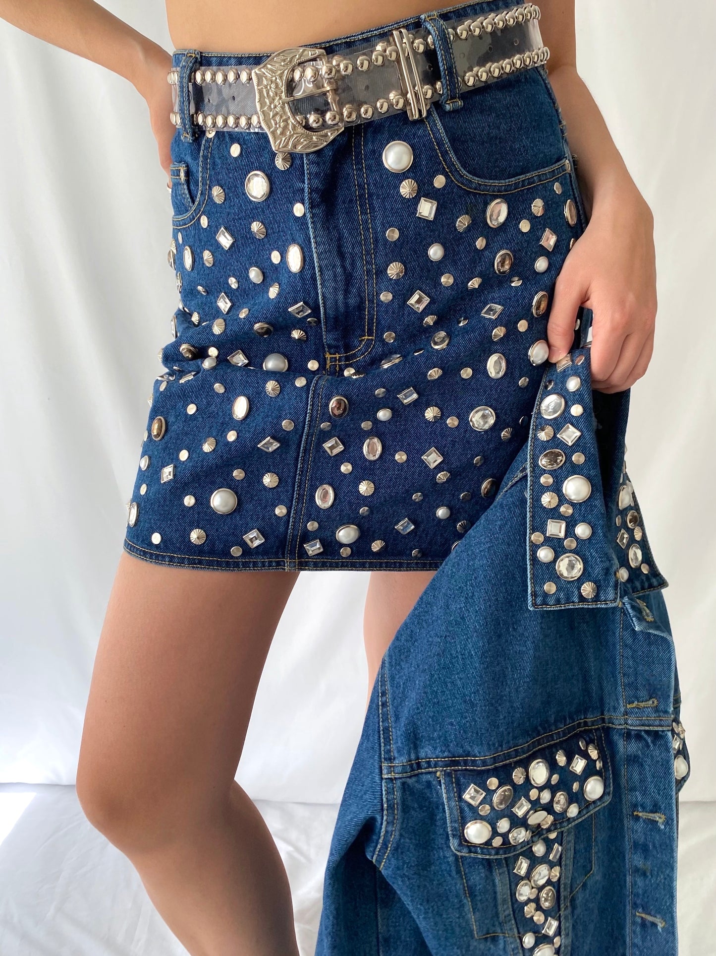 80s RARE vintage blue denim embellished jacket mini skirt belt set – small, medium | studded gems two piece matching set