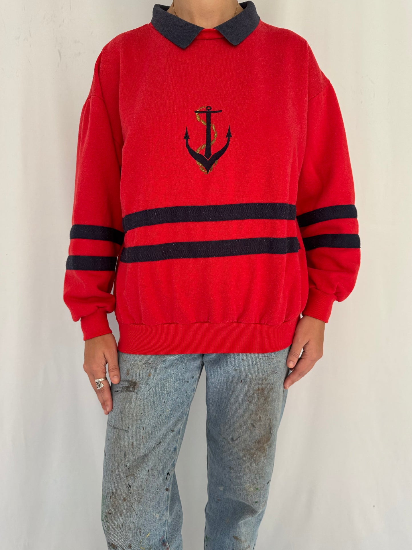 90s vintage red navy nautical anchor graphic pullover sweater – small, medium | sailing print long sleeved collared sweatshirt