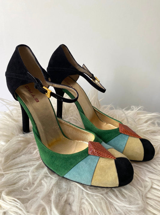 Etro multicolor suede color block heels – womens US 8.5 EUR 39 | made in Italy unique retro pumps