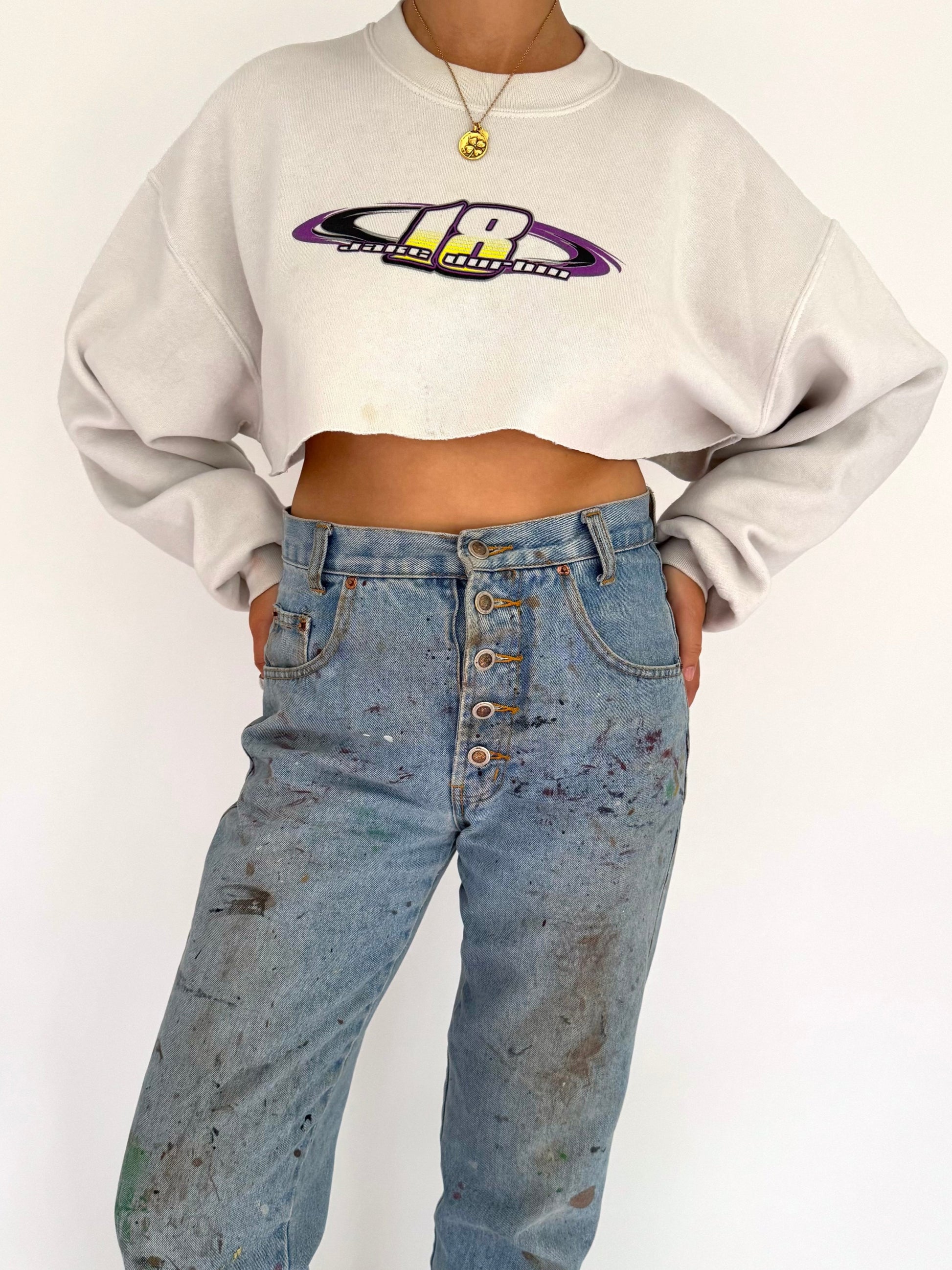 90s vintage white neon racing graphic cropped pullover sweater – medium large | sports race car mini crewneck sweatshirt