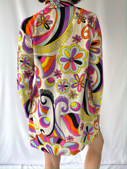 70s vintage colorful abstract groovy long sleeved minidress