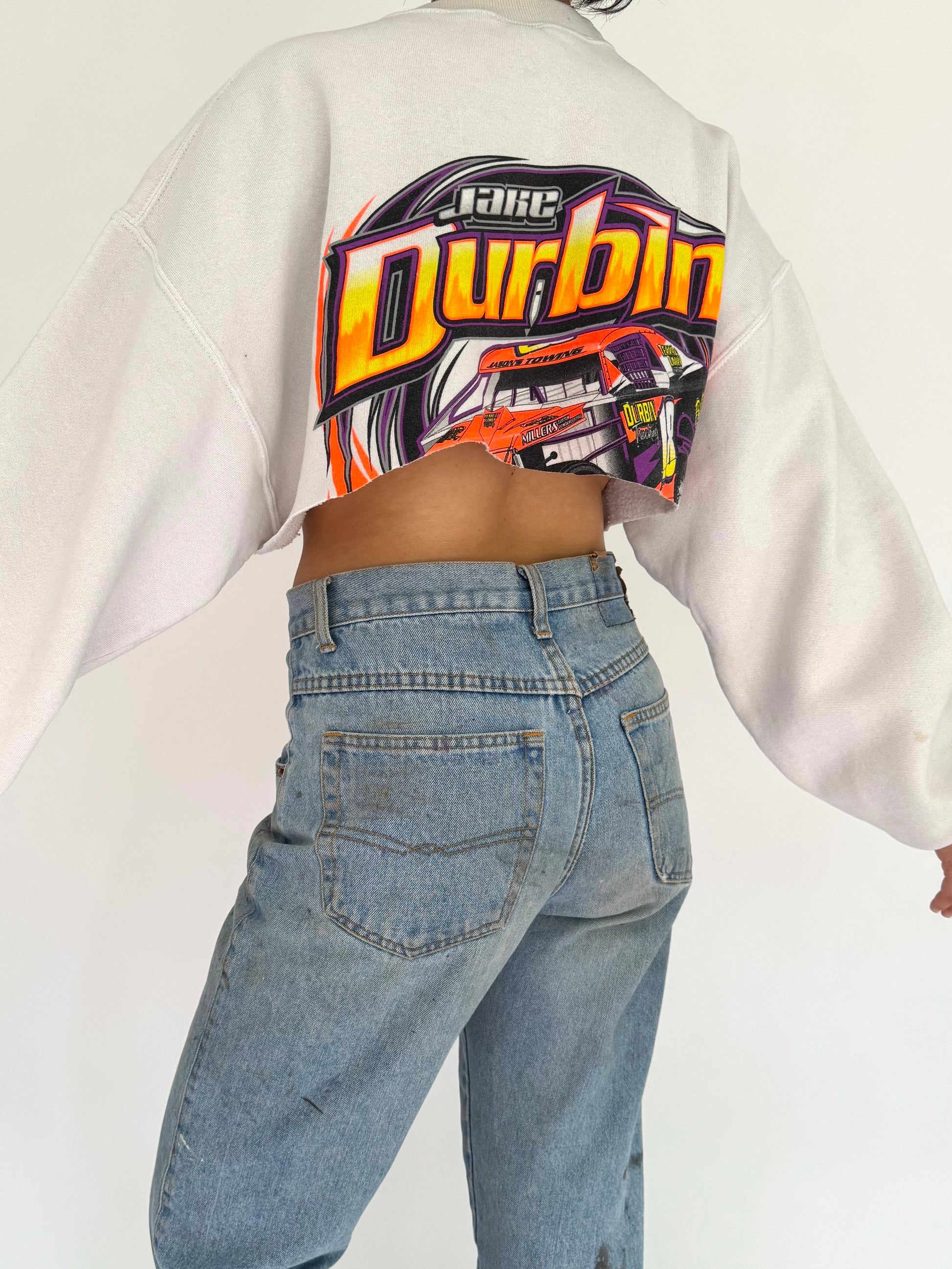 90s vintage white neon racing graphic cropped pullover sweater – medium large | sports race car mini crewneck sweatshirt