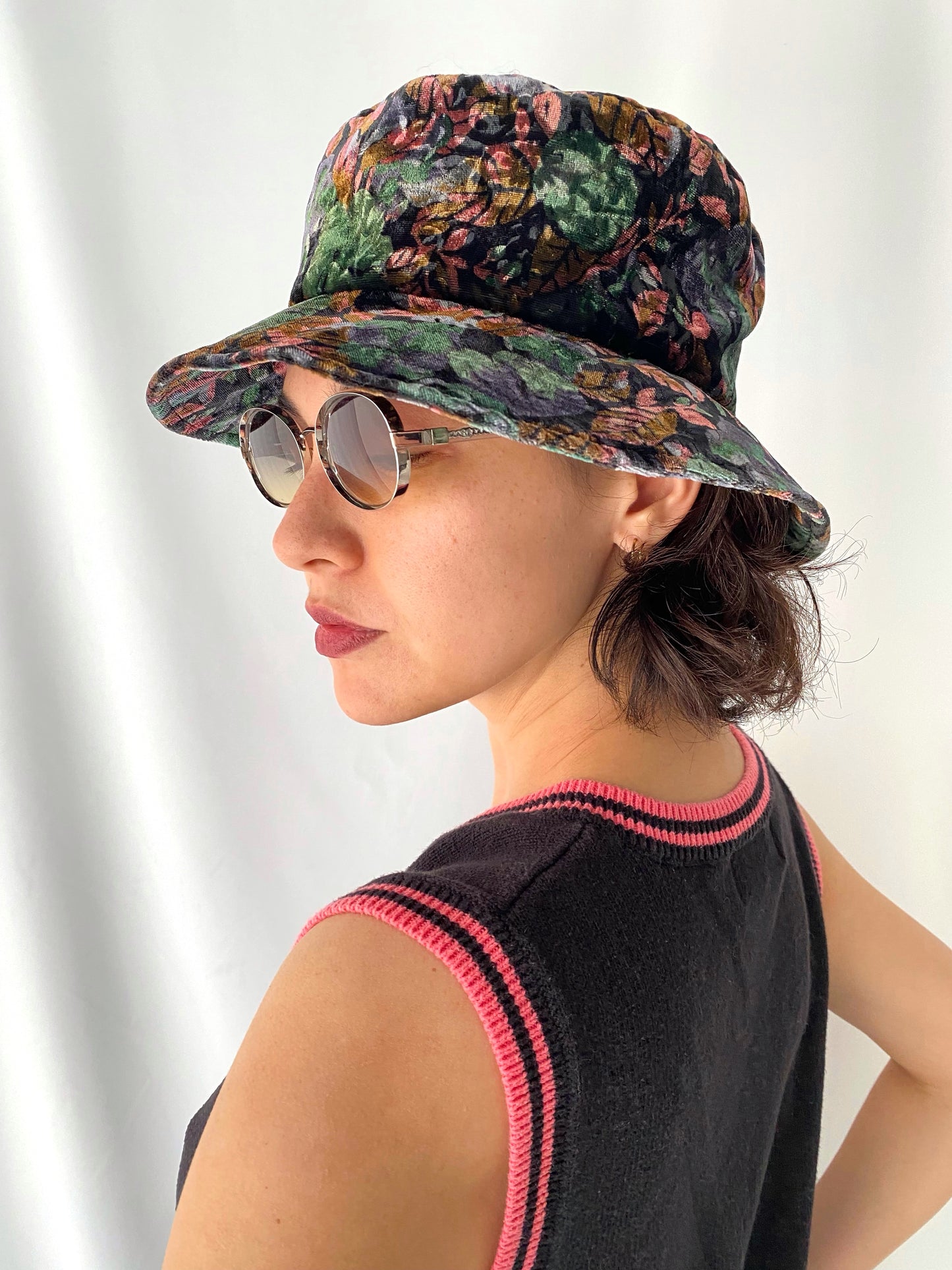 90s y2k vintage brown green camouflage leaves velour bucket hat - womens small | summer festival indie sleaze velvet sun cap