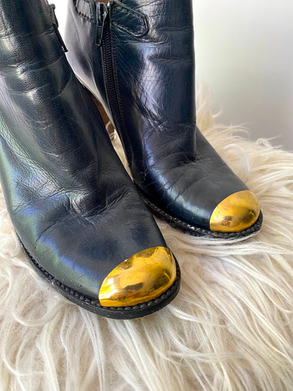 70s vintage dark green leather gold capped toe booties – size US 7.5 | retro western cowboy ankle boots