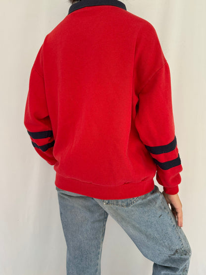 90s vintage red navy nautical anchor graphic pullover sweater – small, medium | sailing print long sleeved collared sweatshirt