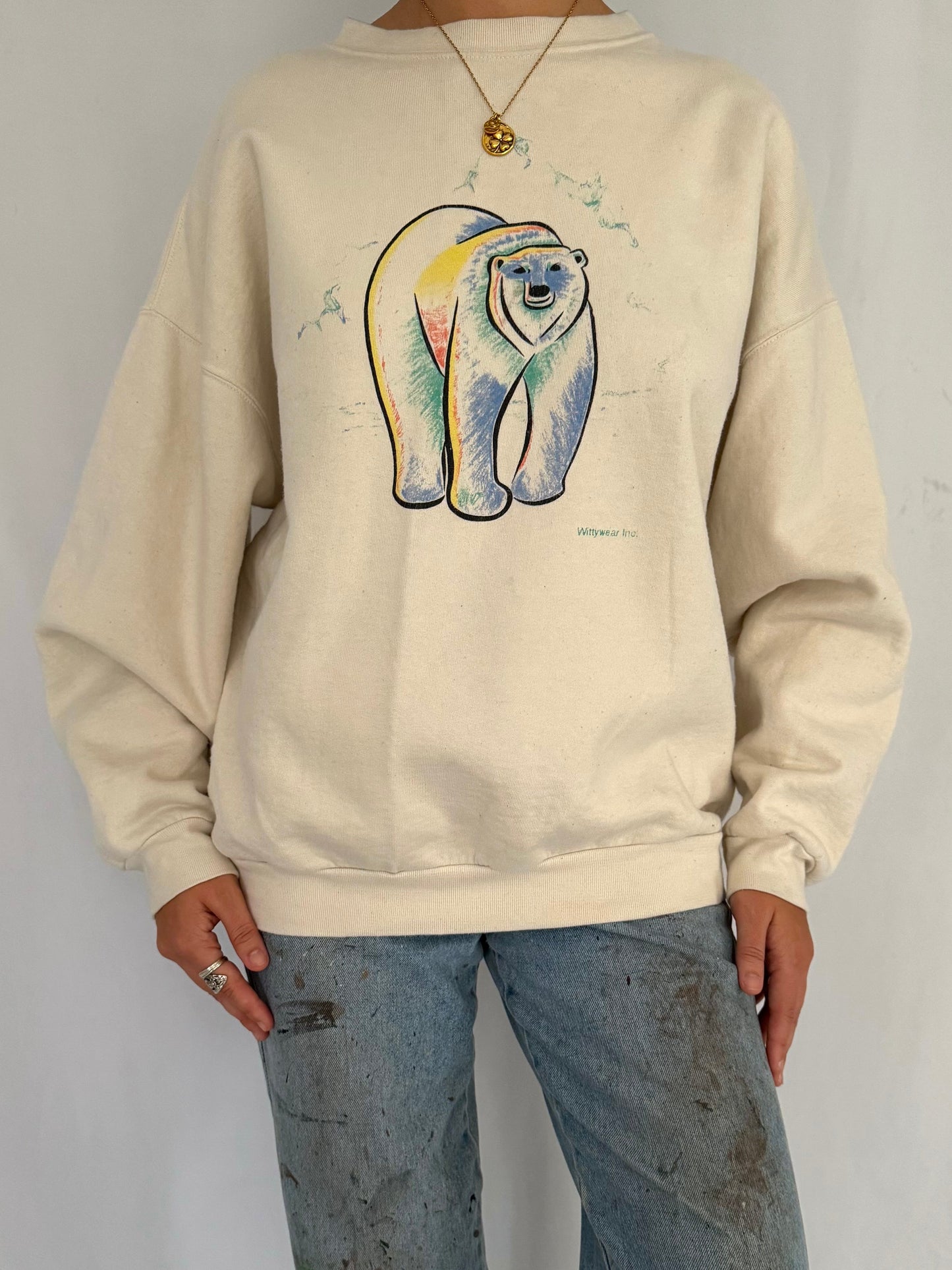 90s vintage cream polar bear winter animal graphic pullover sweatshirt - large