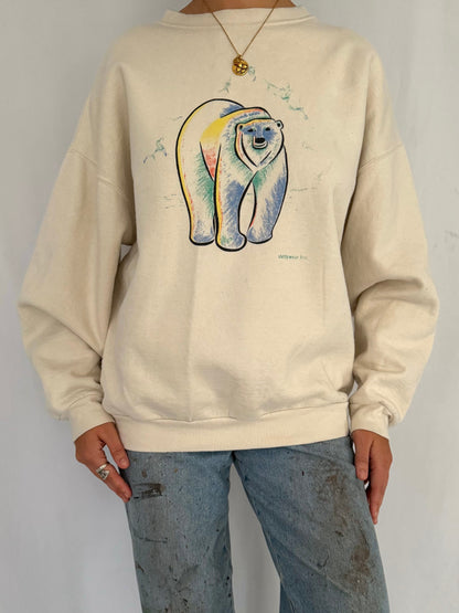 90s vintage cream polar bear winter animal graphic pullover sweatshirt - large