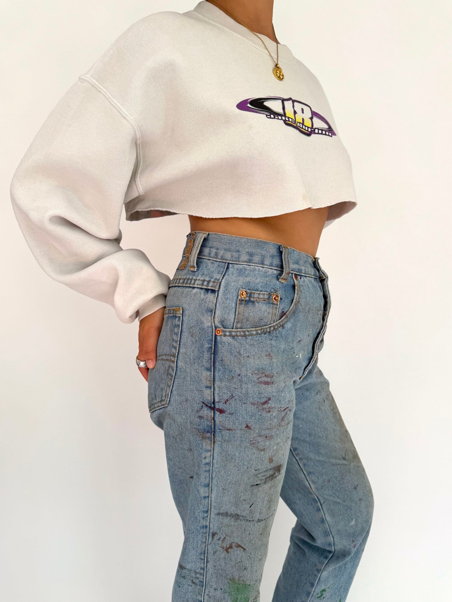90s vintage white neon racing graphic cropped pullover sweater – medium large | sports race car mini crewneck sweatshirt