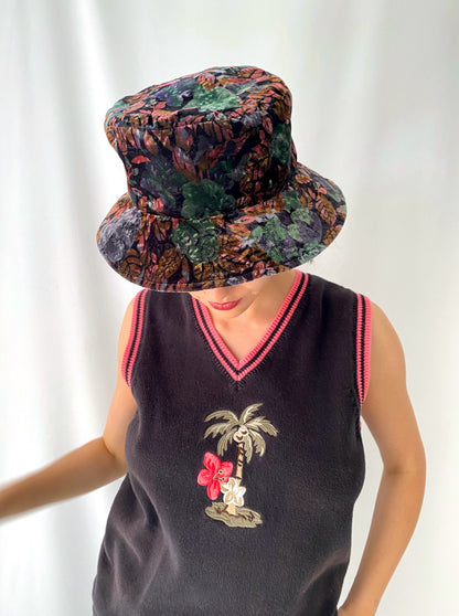 90s y2k vintage brown green camouflage leaves velour bucket hat - womens small | summer festival indie sleaze velvet sun cap