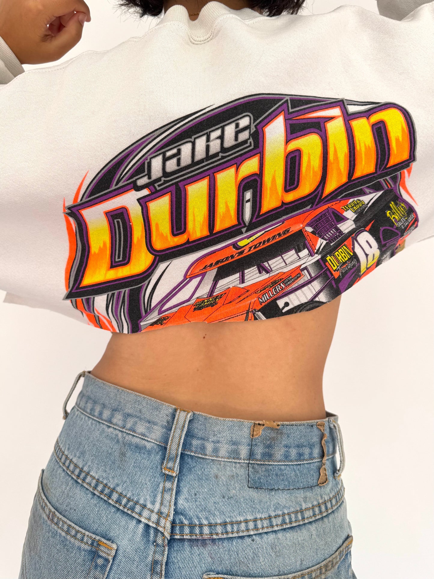 90s vintage white neon racing graphic cropped pullover sweater – medium large | sports race car mini crewneck sweatshirt
