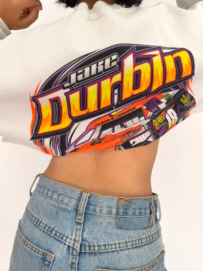 90s vintage white neon racing graphic cropped pullover sweater – medium large | sports race car mini crewneck sweatshirt